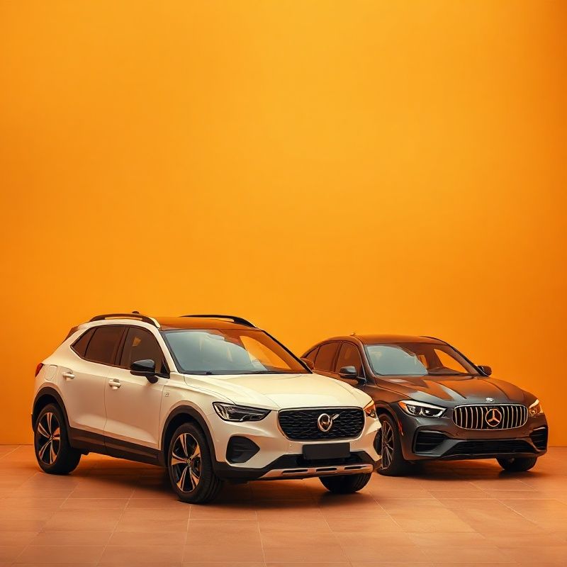 Alineación en estudio de tres vehículos —compacto, SUV y berlina de lujo— sobre fondo ámbar dorado