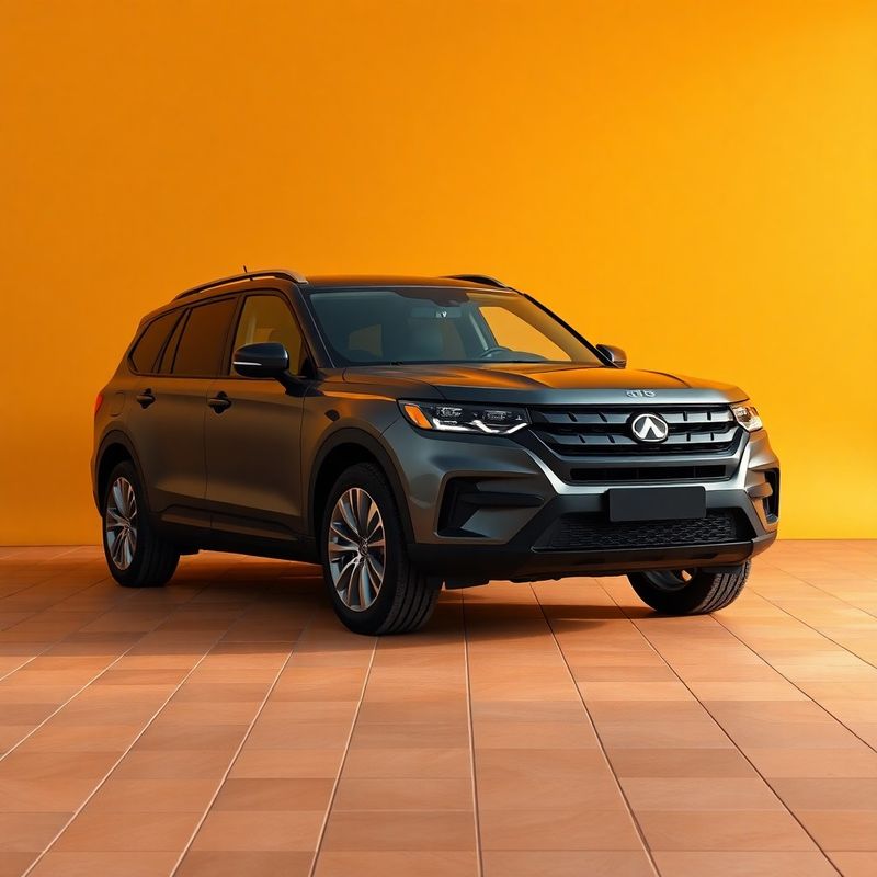 SUV gris oscuro en vista tres cuartos sobre fondo ámbar dorado