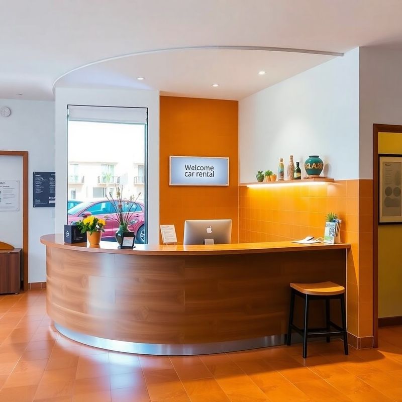 Mostrador de oficina de alquiler con decoración cálida en tonos ámbar dorado en Murcia