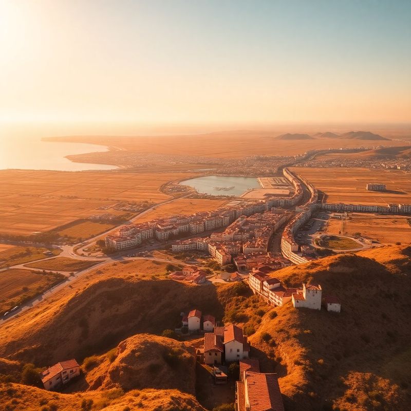 Vista aérea de la Región de Murcia con costa y campo bajo la luz mediterránea dorada